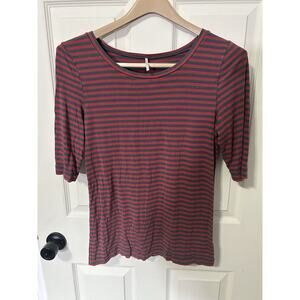 Free People Shirt Women's Large Red/Grey Striped 3/4 Sleeve Blouse